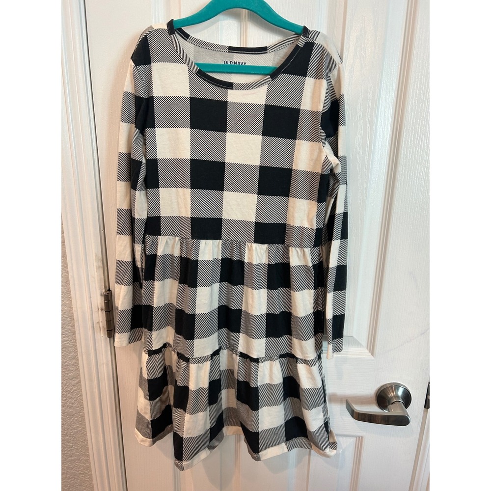 Old Navy Dress Black White Buffalo Plaid Tiered Long Sleeve Gingham Check Kids L